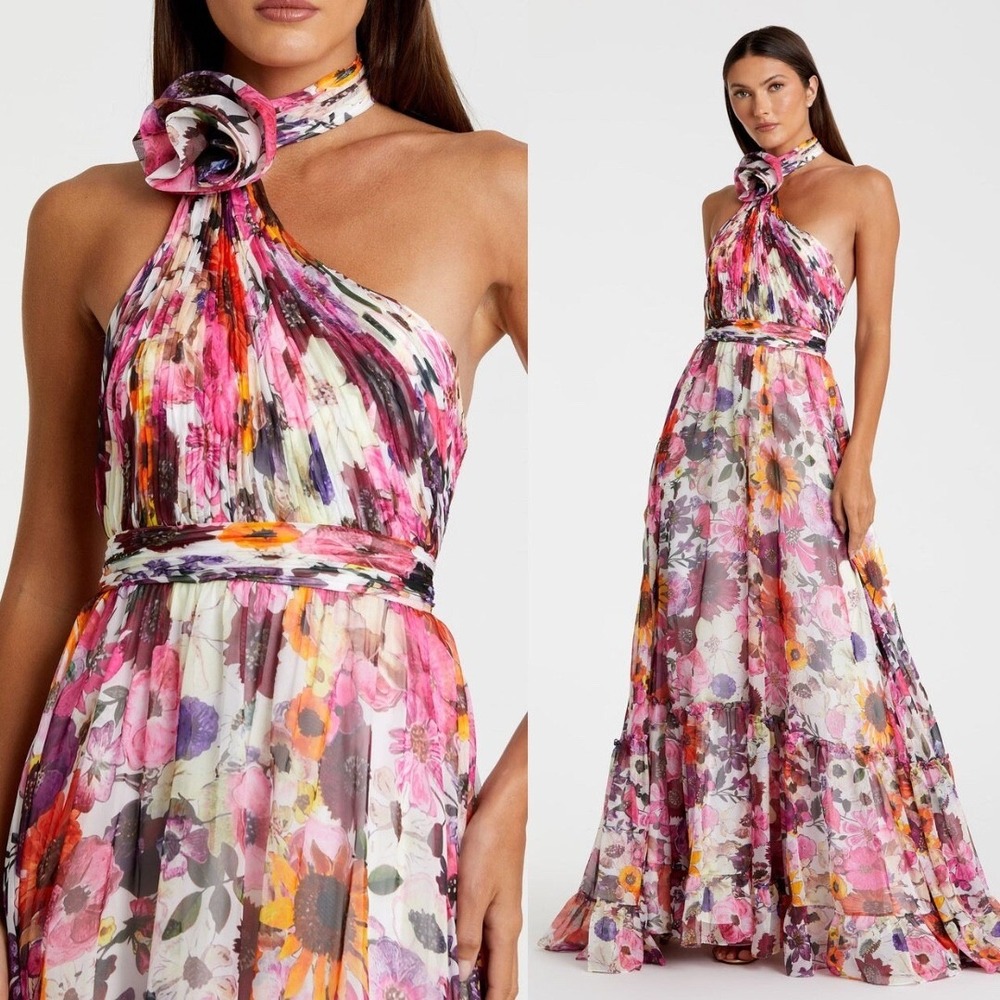 Mac Duggal Asymmetrical Tiered‎ Ruffle Halter Floral Chiffon Gown - Size 12